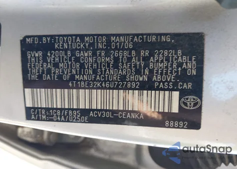 2006 Toyota Camry Le из США, поврежденный, VIN 4T1BE32K46U727892